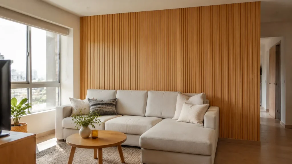 Wall panel decorativo en madera instalado en sala moderna